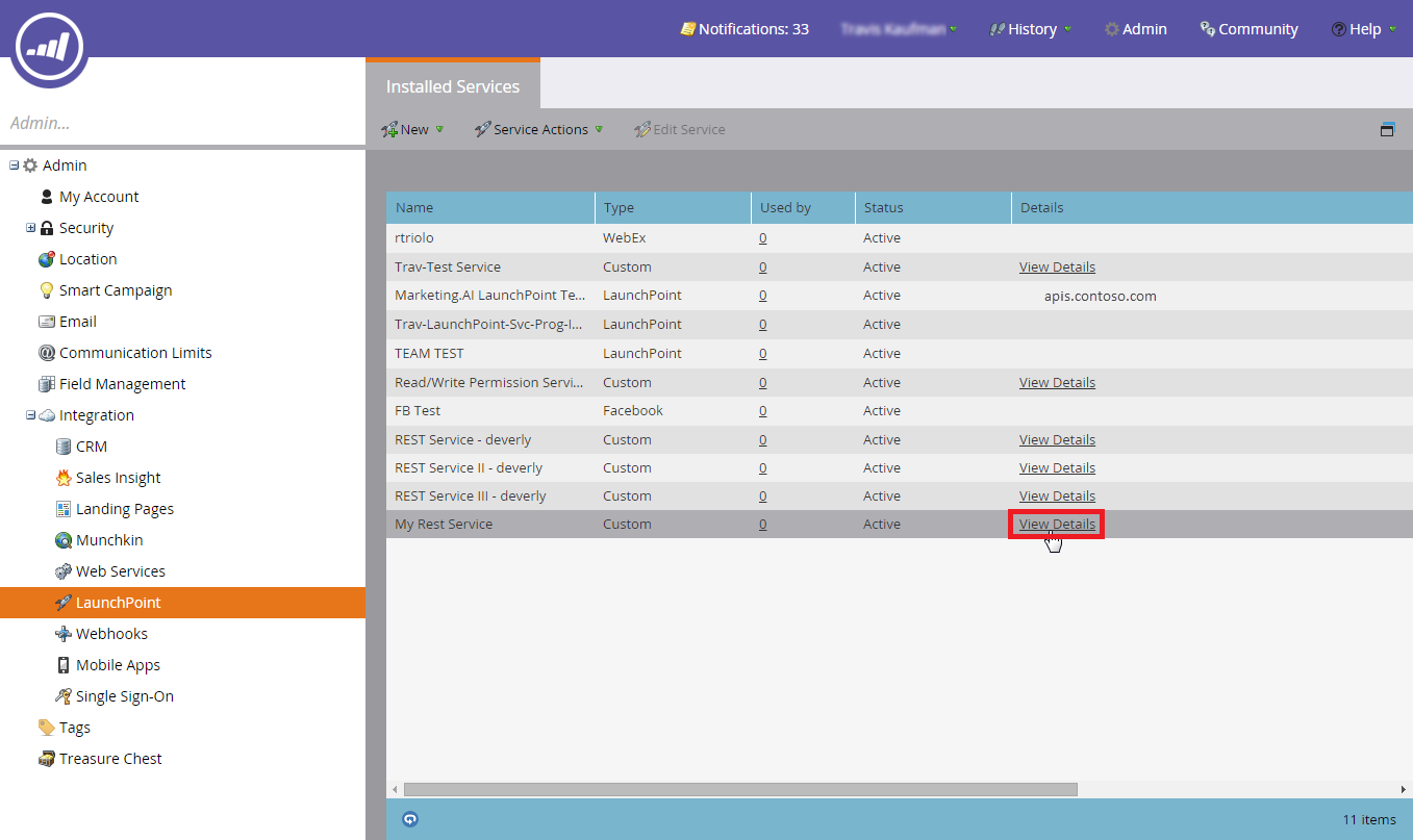 Képernyőkép a Marketo rendszergazda által telepített szolgáltatásokról.