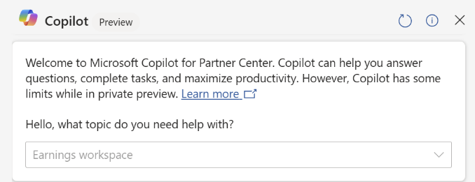 Képernyőkép a Copilot üdvözlő párbeszédpanelről a Partnerközpontban.