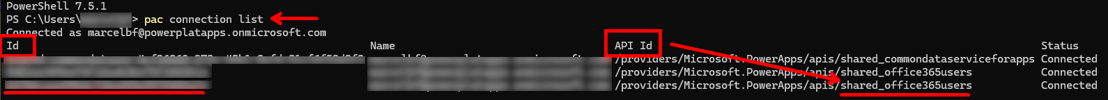 Screenshot of PAC CLI connection list output with Connection ID and API Name columns.