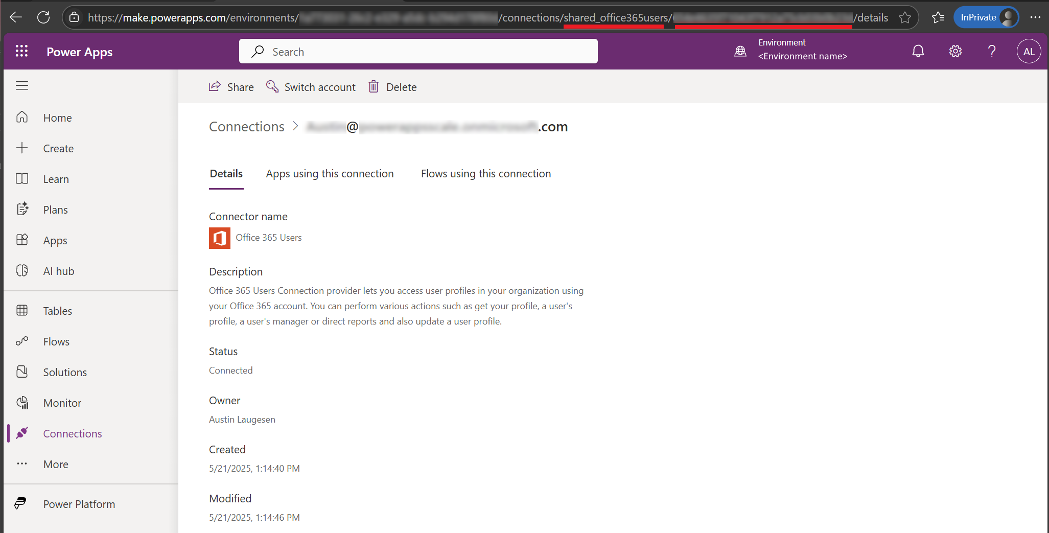 Screenshot of Power Apps connection details with the API name and connection ID values.