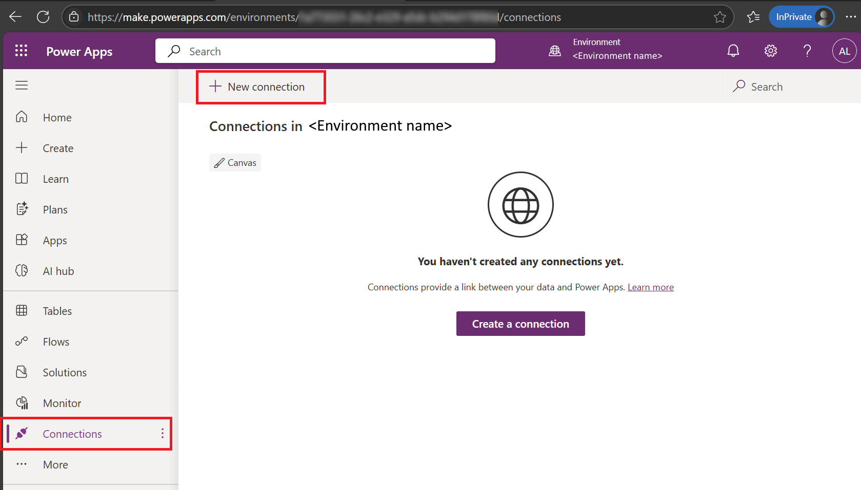 Screenshot of the Power Apps Connections page with the New connection button.