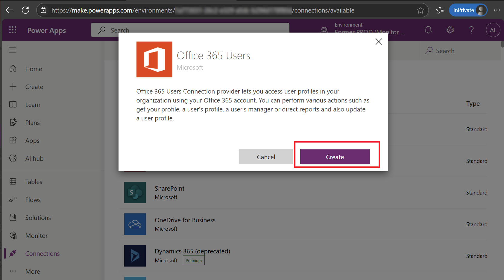 Screenshot of the Office 365 Users connection creation page in Power Apps.