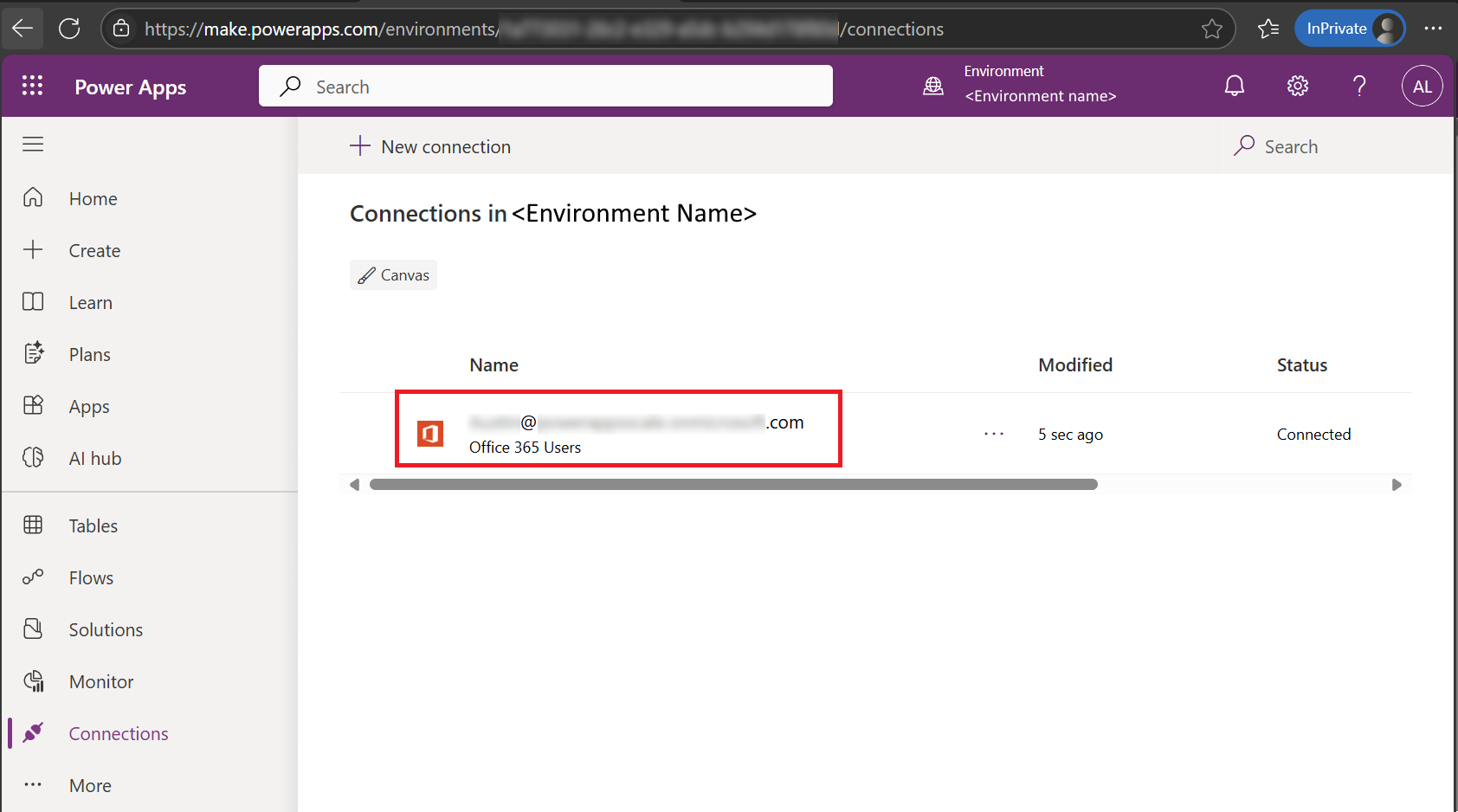 Screenshot of a connection selected in Power Apps to display its details.