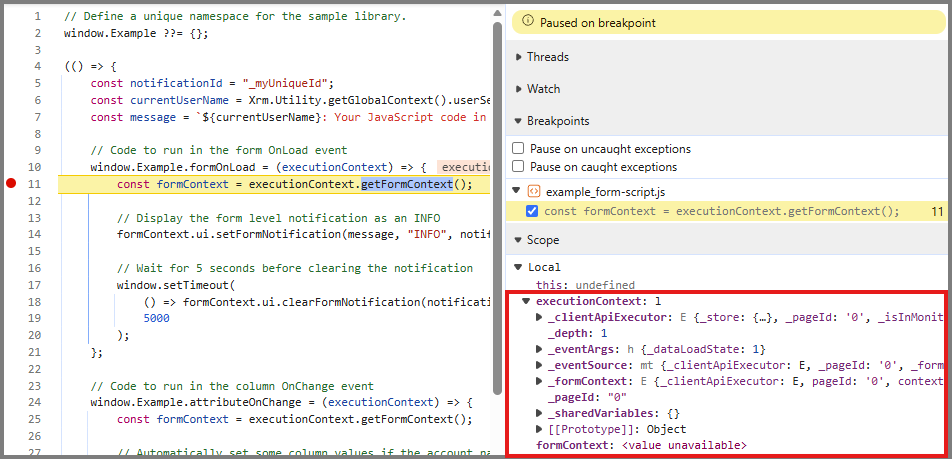 Screenshot of the DevTools Scope pane showing executionContext and formContext values.