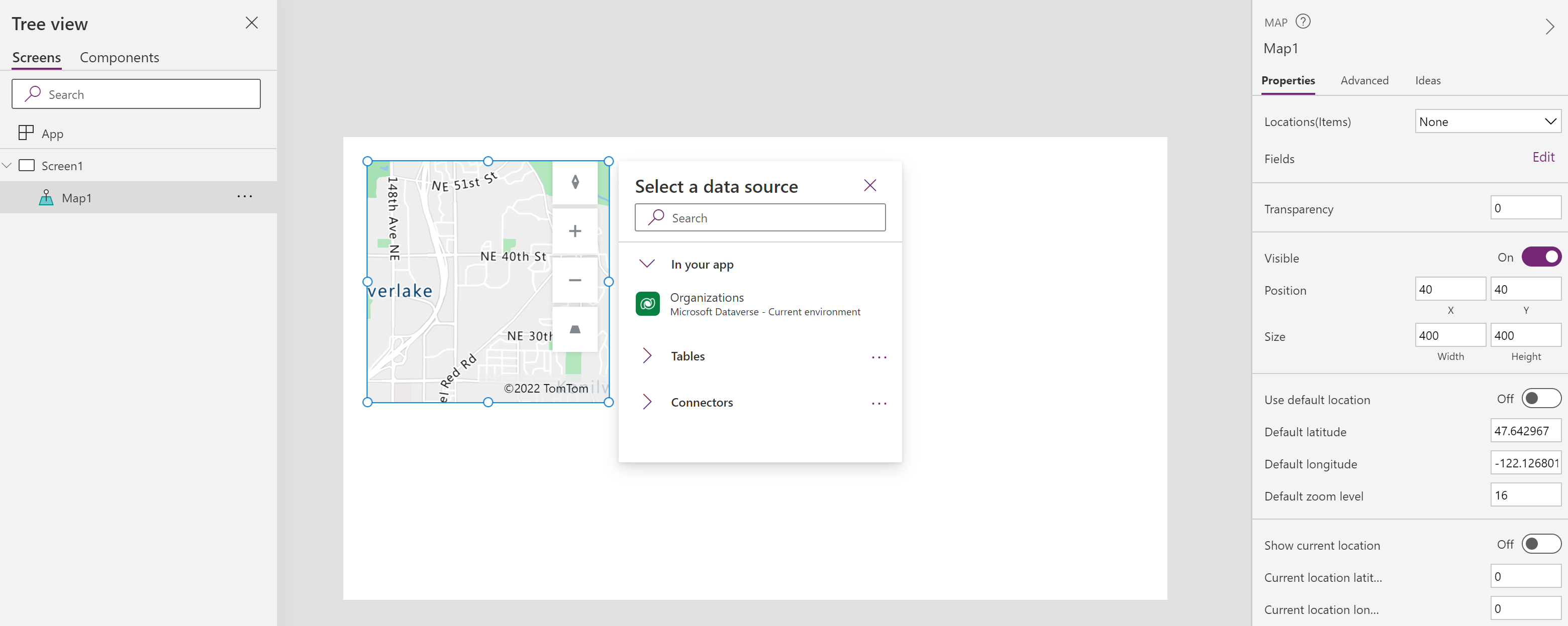 Képernyőkép egy tabletes alkalmazásról, amelyben egy térképvezérlő építése folyamatban van a Microsoft Power Apps Studio alkalmazásban.
