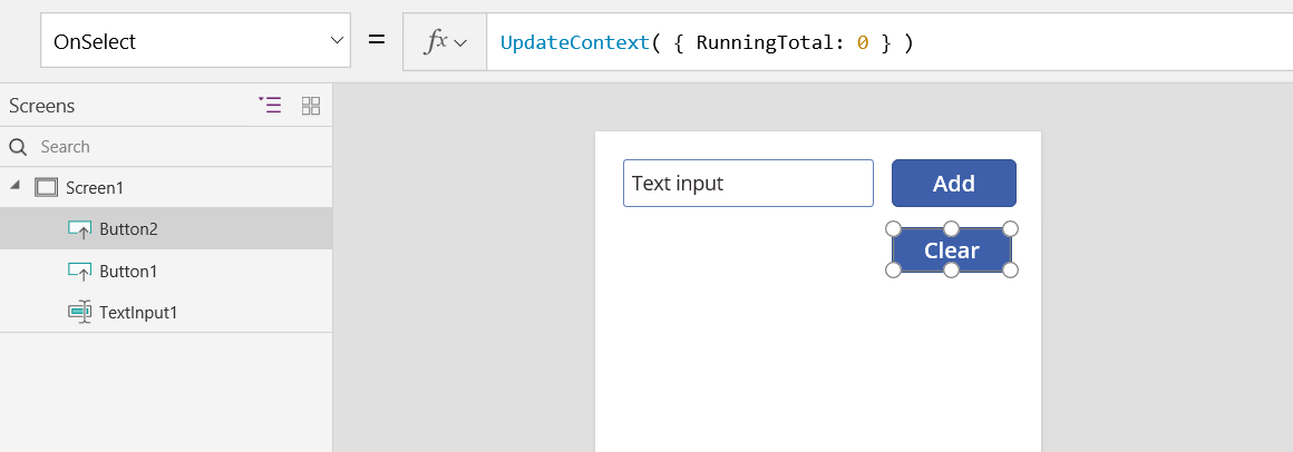 A Törlés gomb OnSelect tulajdonsága a következővel: updatecontext.