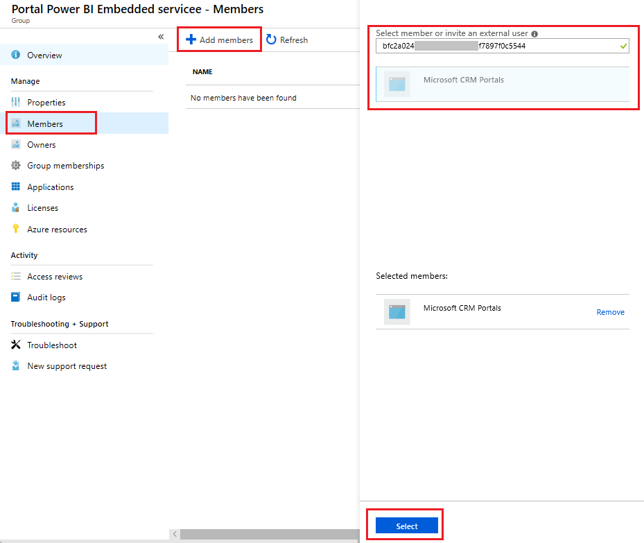 Tag hozzáadása a biztonsági csoporthoz a Power BI Embedded szolgáltatásban.