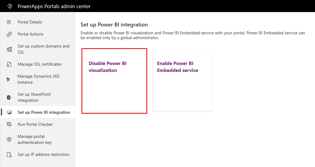 A Power BI-vizualizáció letiltása.