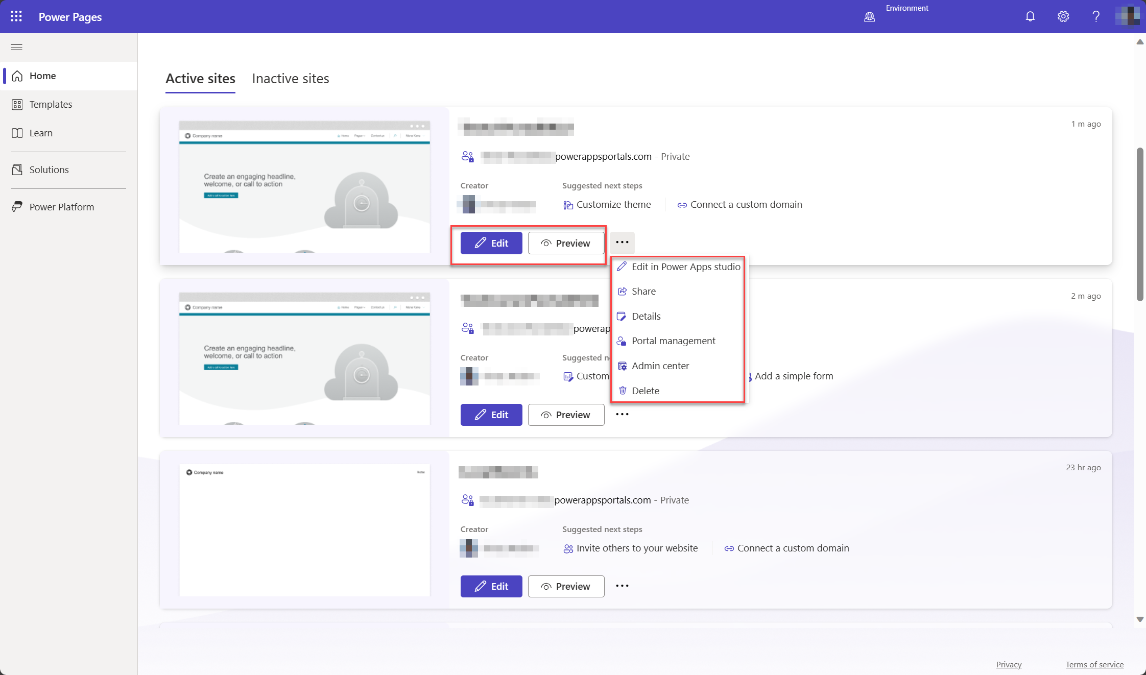 Képernyőkép a tervezőstúdió kezdőlapjáról Power Pages . Megjelennek a felhasználó aktív webhelyei, és a webhely kezelésére szolgáló menüpontok ki vannak emelve.