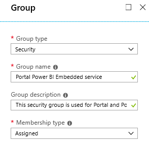 Biztonsági csoport létrehozása Power BI Embedded szolgáltatáshoz.