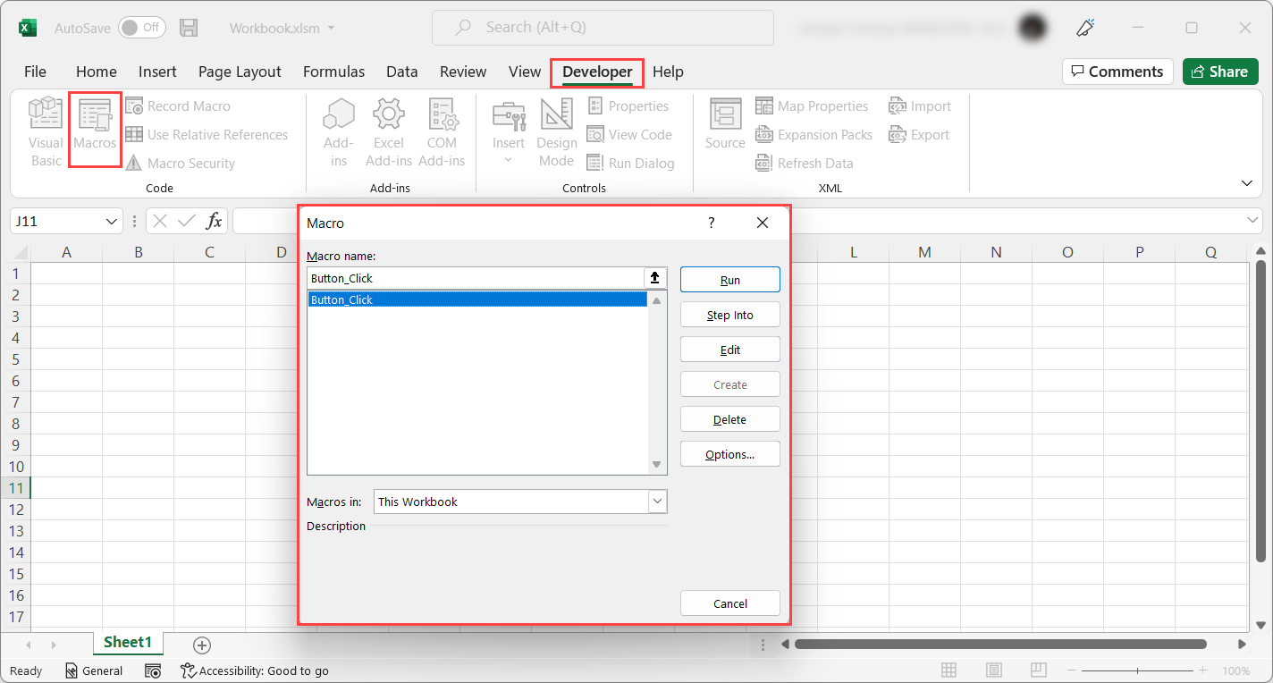 Képernyőkép az Excel Fejlesztőeszközök lapján található makrókról.