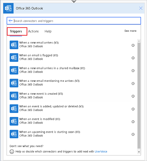 Képernyőkép az Office 365 Outlook-eseményindítók egy részéről.