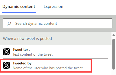 Képernyőkép a dinamikus tartalom által tweetelt hozzáadásáról.