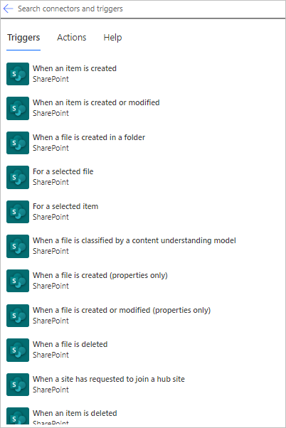 Egy képernyőkép amelyen SharePoint-eseményindítók láthatók, például „egy elem létrehozásakor.”