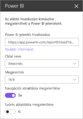 Képernyőkép a SharePoint új kijelzőtulajdonságok párbeszédpaneljéről, amelyen a Power BI-jelentés hivatkozása ki van emelve.