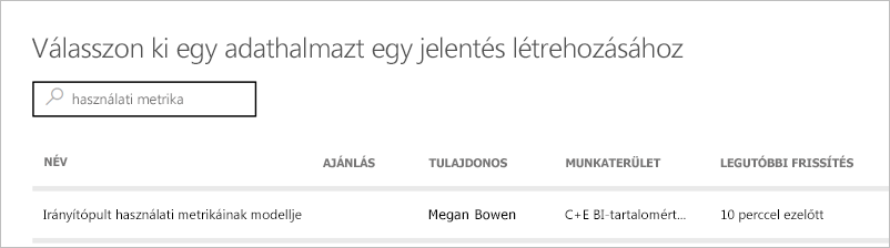 Képernyőkép a Használati metrikák jelentés szemantikai modelljének kiválasztásáról.