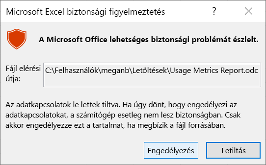 Képernyőkép az Excel biztonsági értesítéséről.