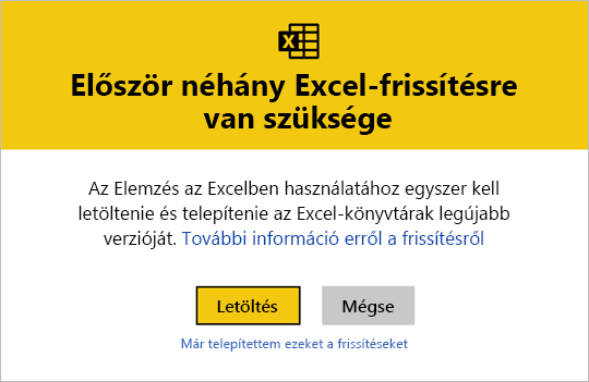 Képernyőkép az Excel-frissítésekről.