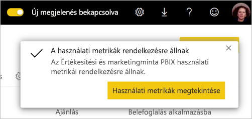 Képernyőkép a Használati metrikák jelentés készültségéről.