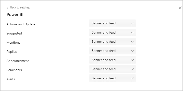 Képernyőkép a Power BI-értesítések testreszabásáról a Microsoft Teams beállításaiban.
