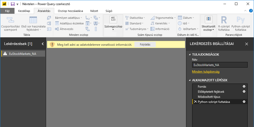 Screenshot of the Power Query Editor pane, showing the warning about data privacy.