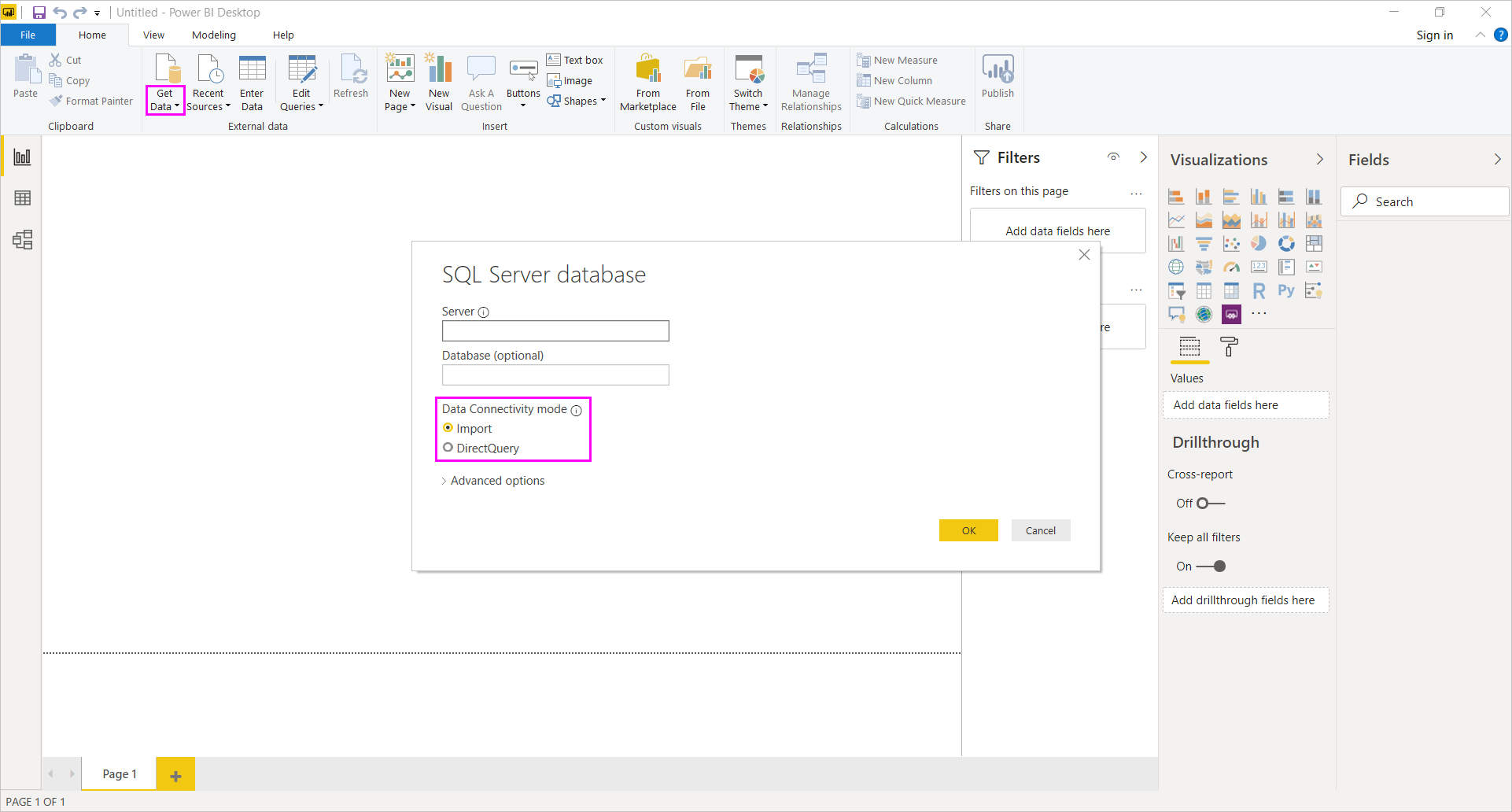 Importálási és DirectQuery-beállítások, SQL Server Database párbeszédpanel, Power BI Desktop