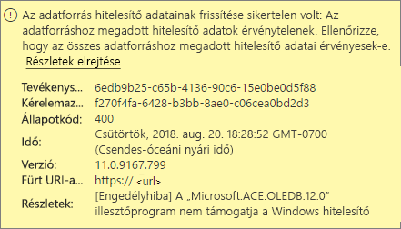 Screenshot shows a data source credential error message.