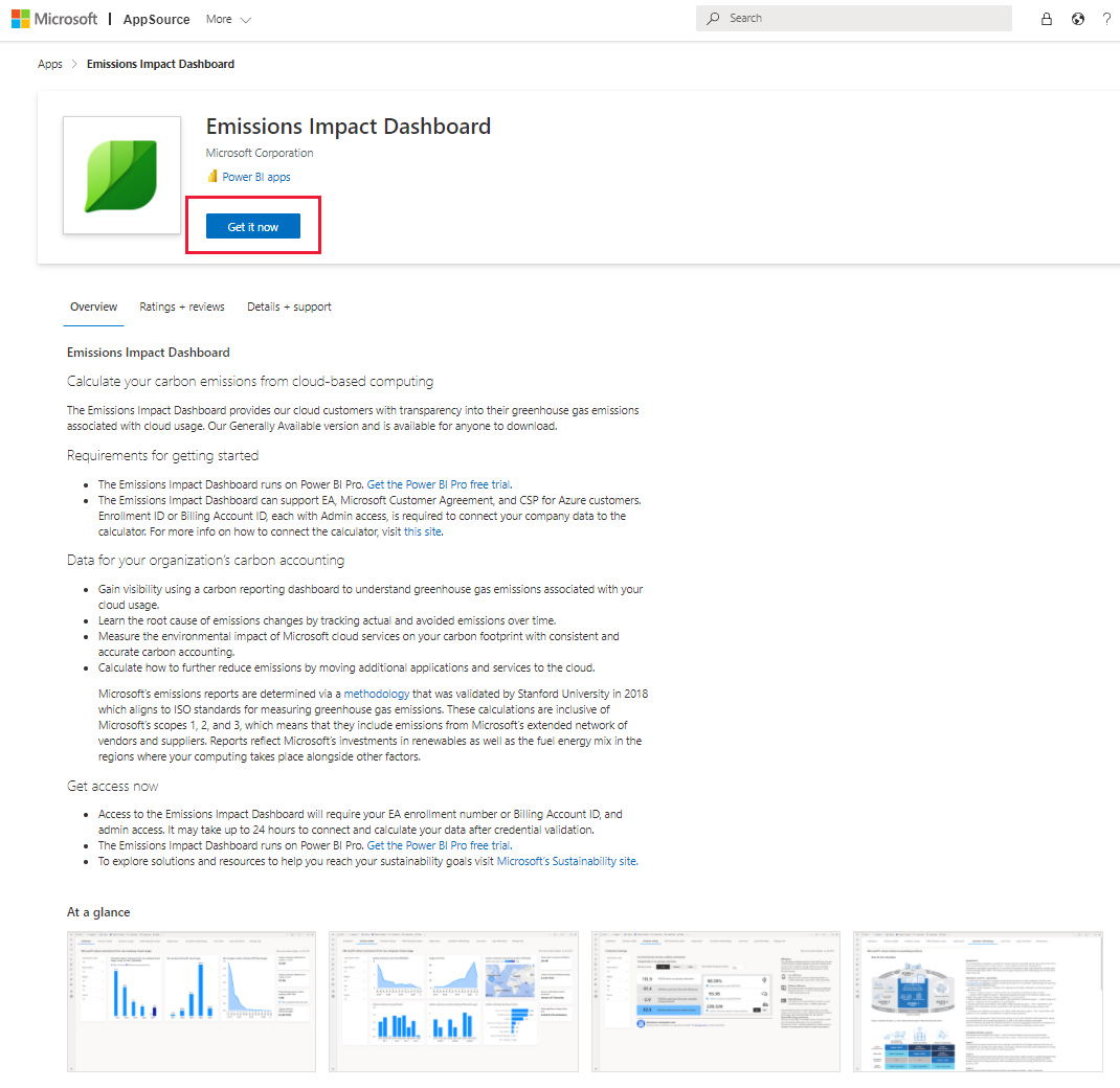 Képernyőkép az Azure-hoz készült Kibocsátási hatás irányítópult az AppSource-on.