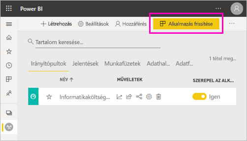 Screenshot that shows Update app on the workspace list page.