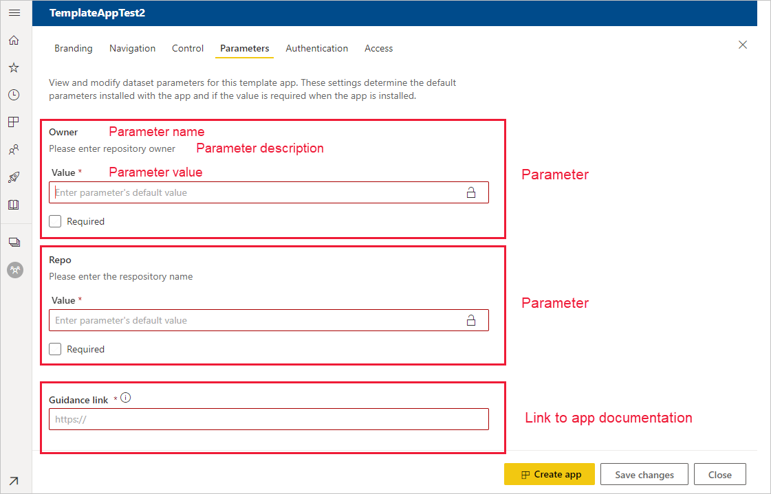 Screenshot that shows the Parameters tab.