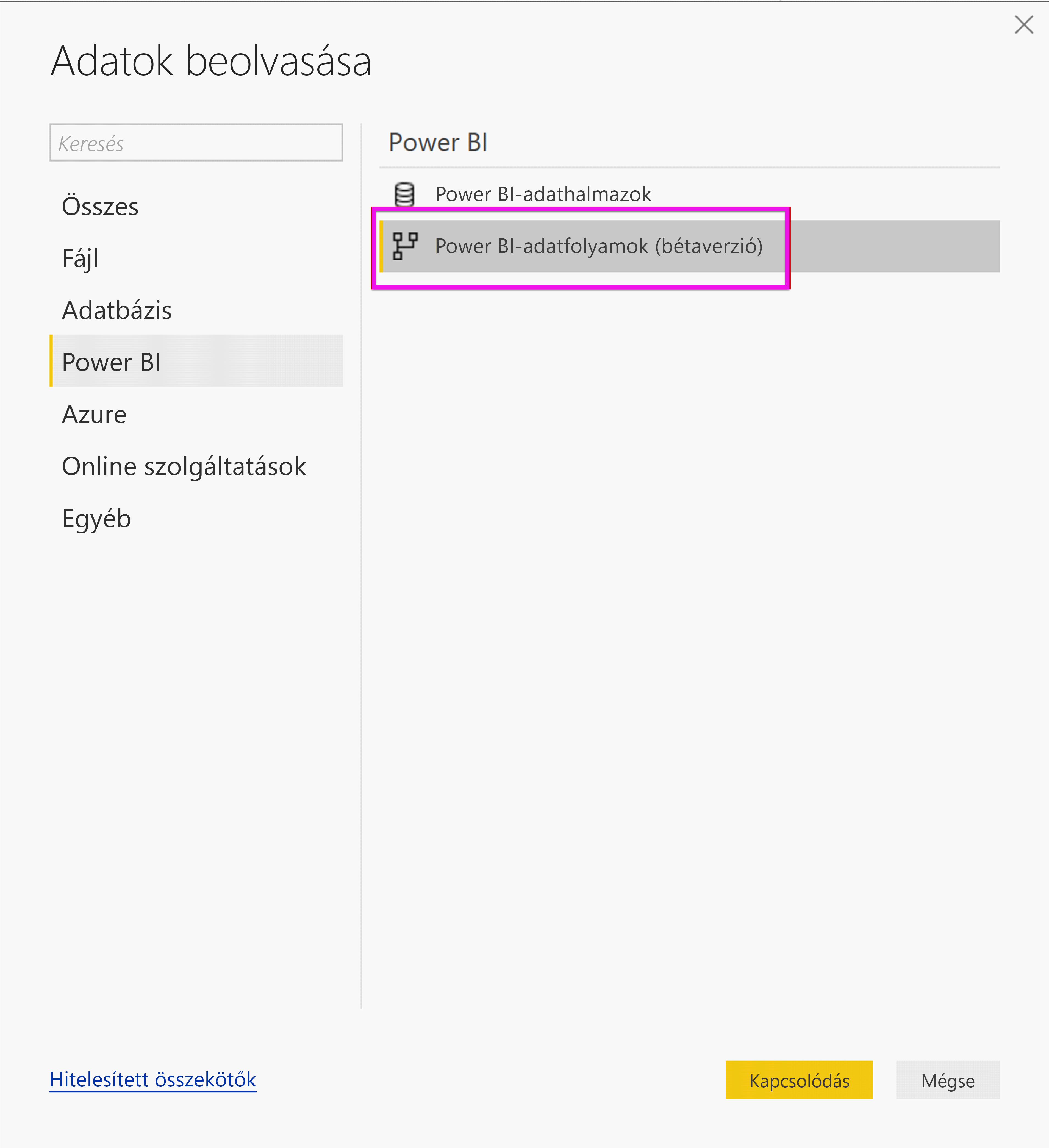 Screenshot shows the Get Data pane with Power BI dataflows selected.