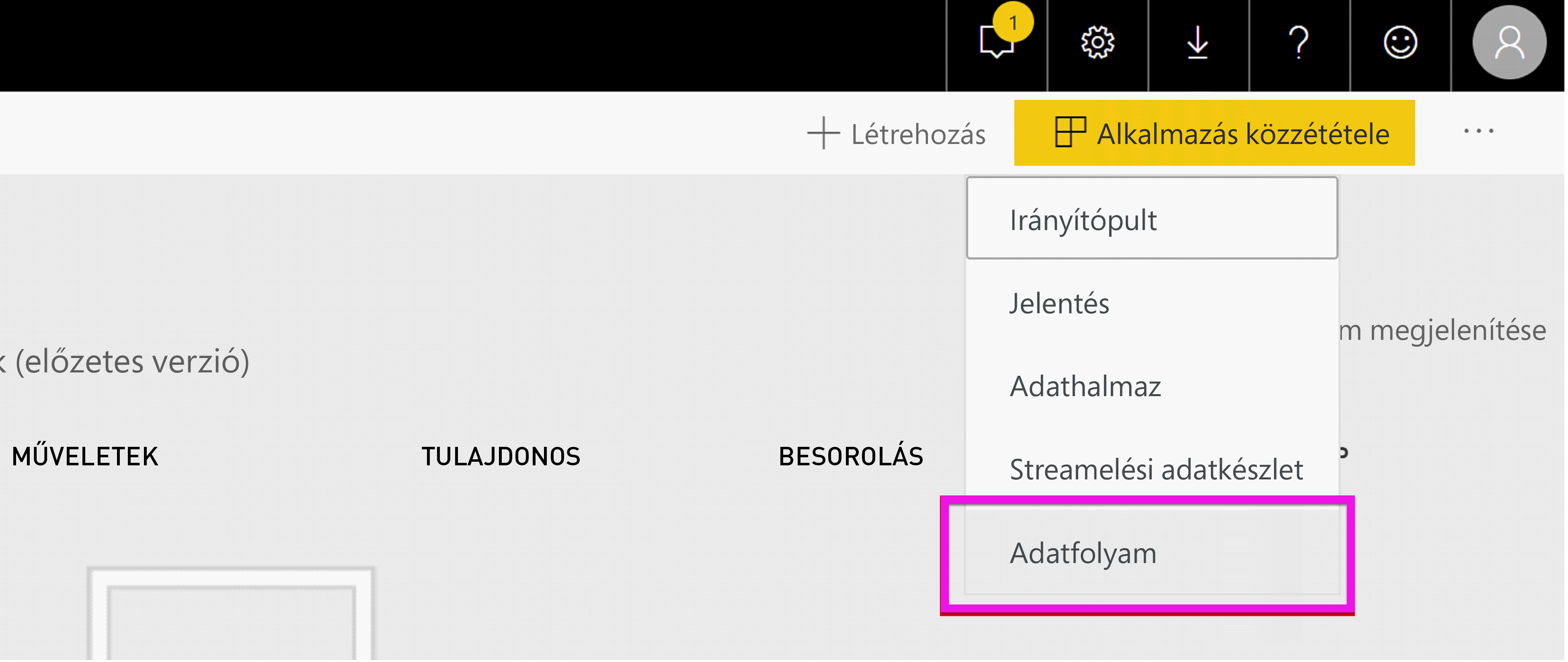 Screenshot shows the Power BI workspace with Create, then Dataflow, selected.