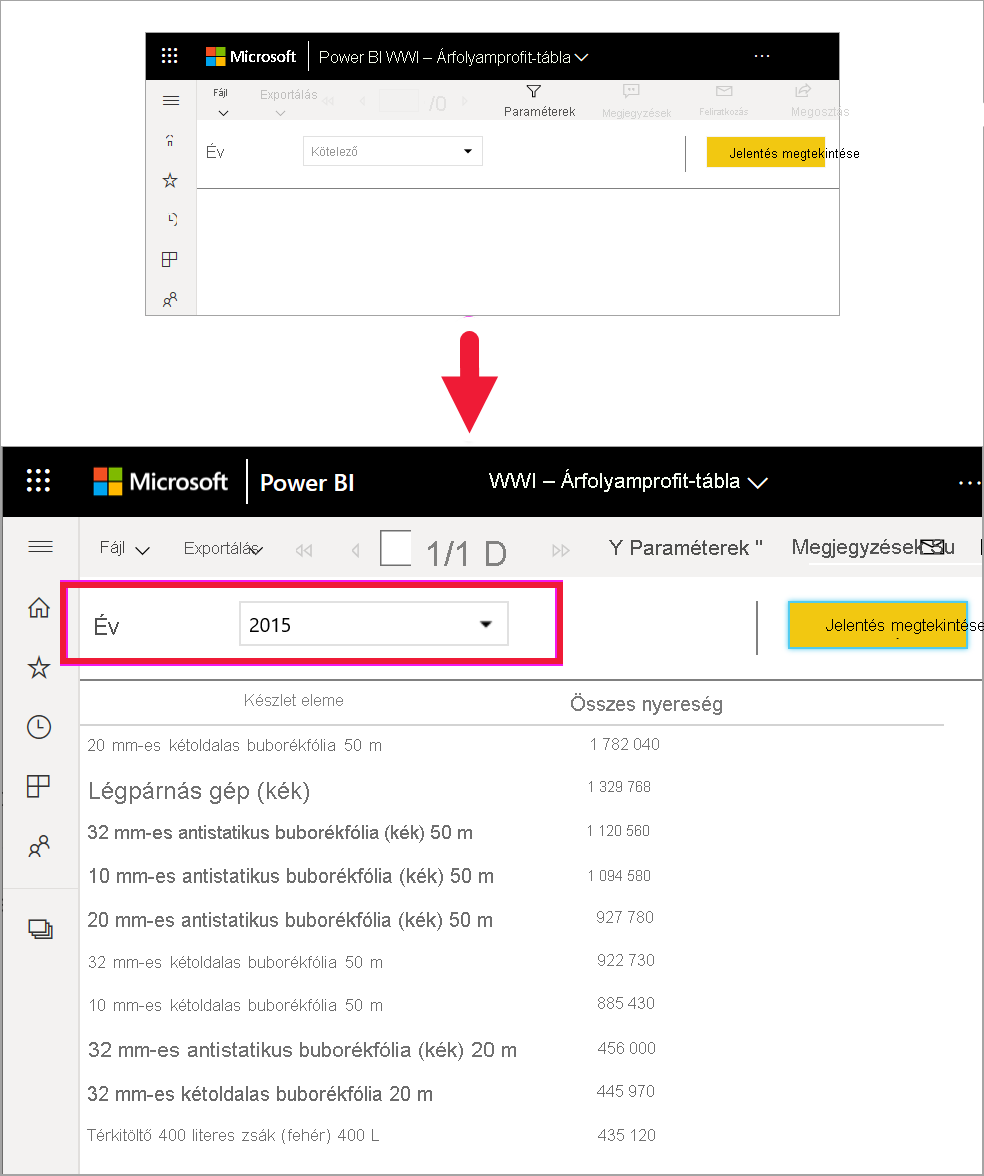 Screenshot showing a report with the year parameter selected.