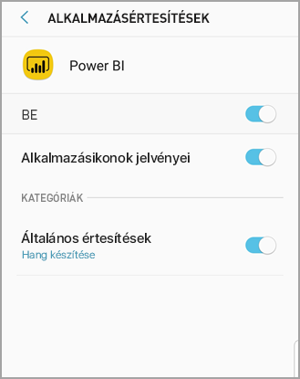Képernyőkép egy Power B I nevű Android-képernyőről, amelyen engedélyezhetők és kezelhetők az értesítések.