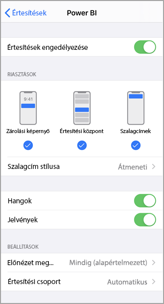 Képernyőkép egy Power B I nevű iPhone-képernyőről, amelyen engedélyezhetők és kezelhetők az értesítések.