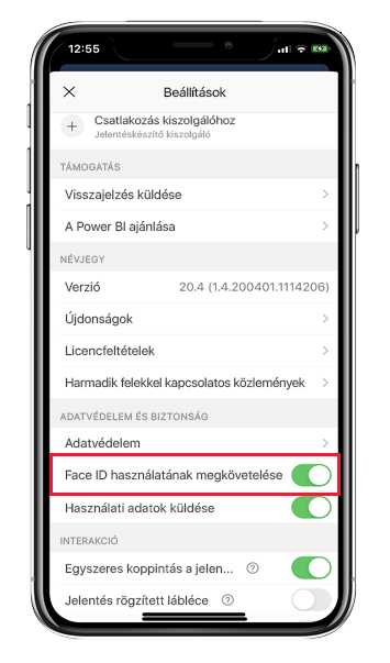 Power BI iOS app setting page
