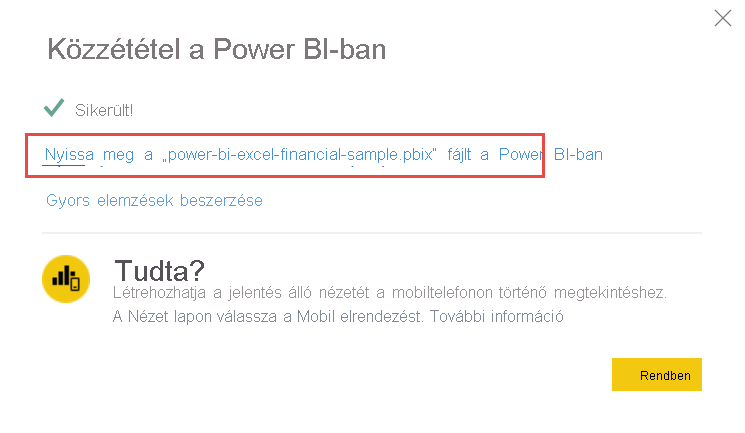 Képernyőkép a jelentés Power BI szolgáltatás való megnyitásáról.