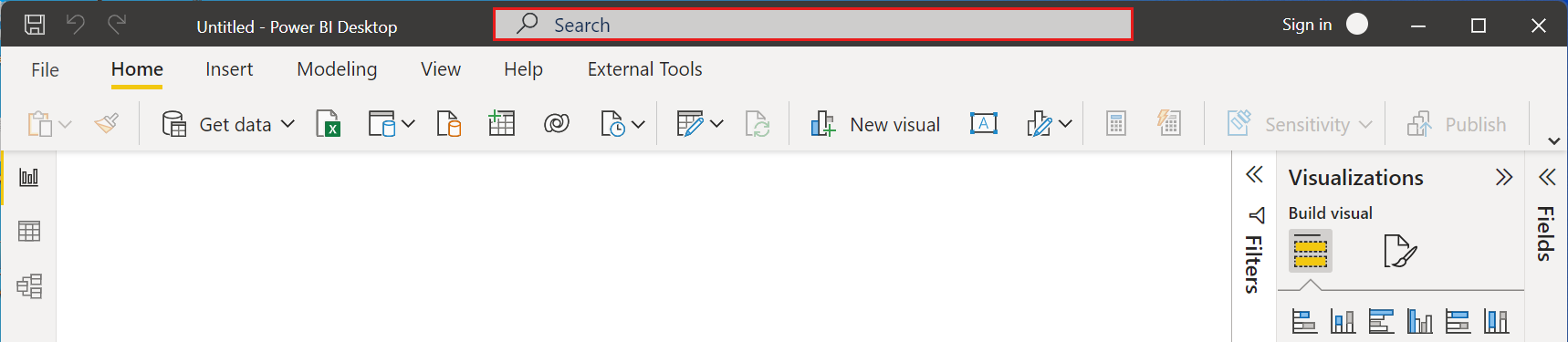Screenshot of the Power BI Desktop window, highlighting the new search bar.