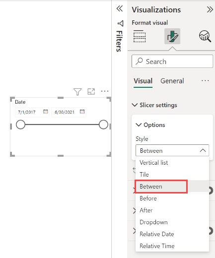 Screenshot of the Date range slicer and the Format pane.