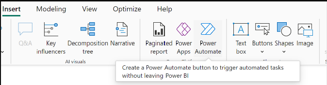 Képernyőkép a Power Automate ikonra a Beszúrás menüszalagról.