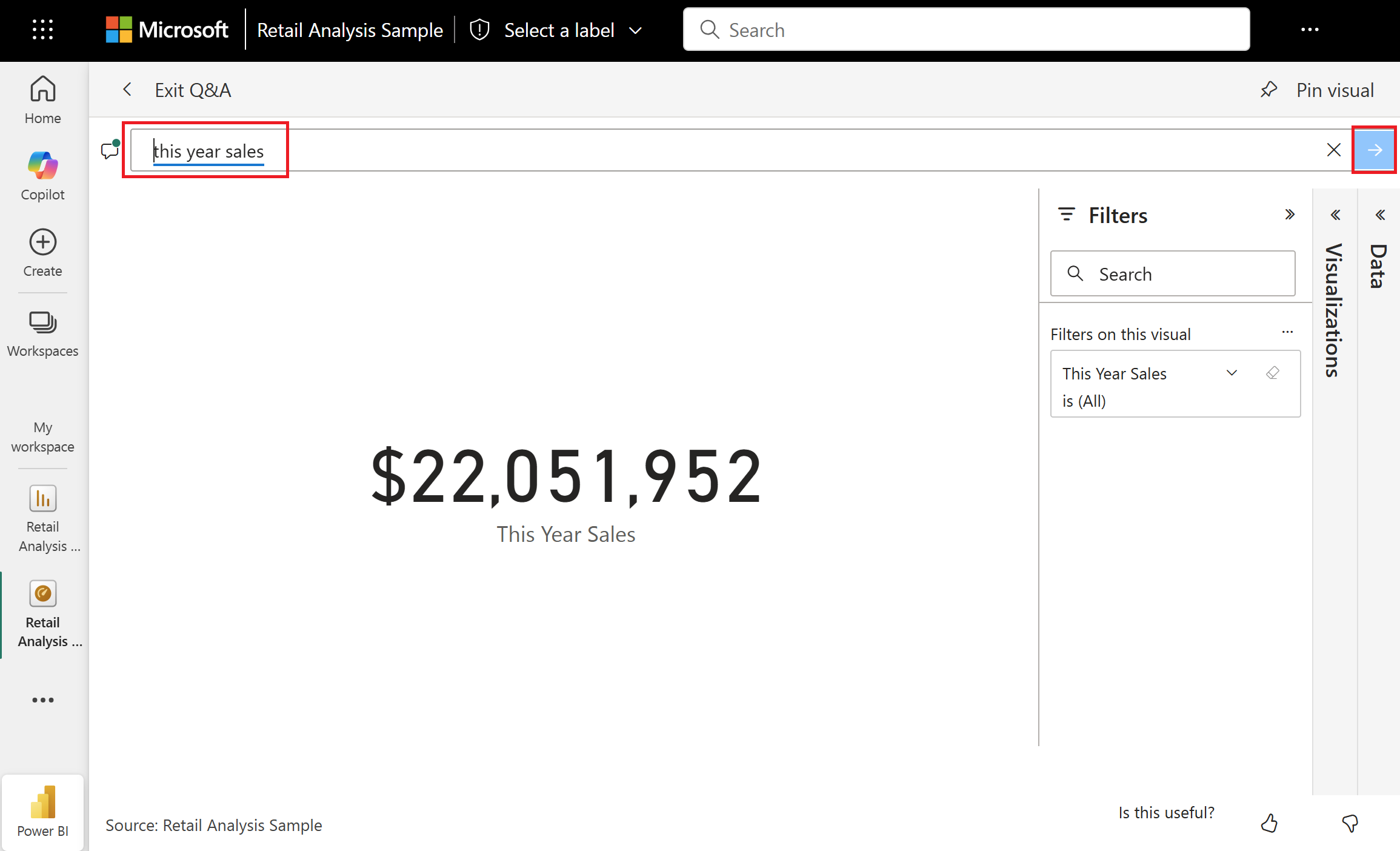 Screenshot showing the tile opened in Q&A with this year's sales.