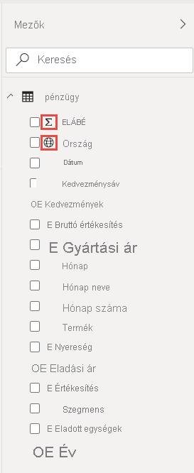 Képernyőkép az Adatok panelről, amelyen az Excel oszlopai láthatók mezőként a pénzügyi táblában.