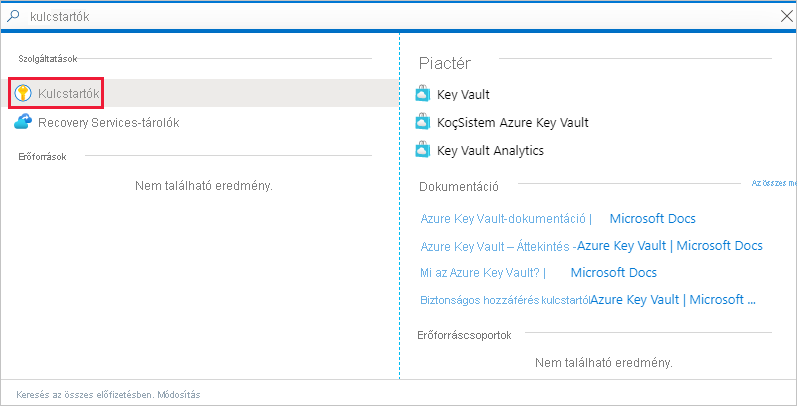 Képernyőkép az Azure Portal ablakáról, amely a Key Vault szolgáltatásra mutató hivatkozást jeleníti meg a Szolgáltatások listában.