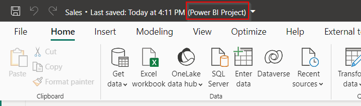 Képernyőkép a Power BI Desktop címének megjelenítéséről a projektbe való mentéskor.