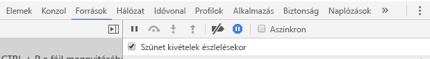 Képernyőkép a Források lapról, amelyen ki van jelölve a fogott kivételek szüneteltetése.