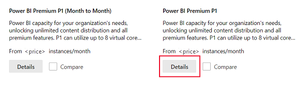 Képernyőkép a Power BI Premium vásárlási lehetőségeiről a Részletek gomb kiválasztásával.