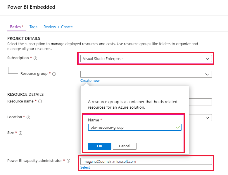 Screenshot of the Power BI Embedded Basics window with subscription, create new resource group, and the capacity administrator fields highlighted.