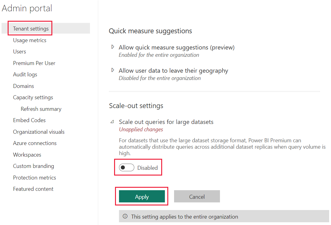 A screenshot showing how to disable the scale out tenant settings in the Power BI admin portal.