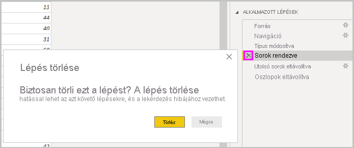 Screenshot of Power B I Desktop showing the Delete Step dialog box.