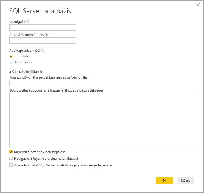 Screenshot of Power BI Desktop showing SQL Server database dialog box.